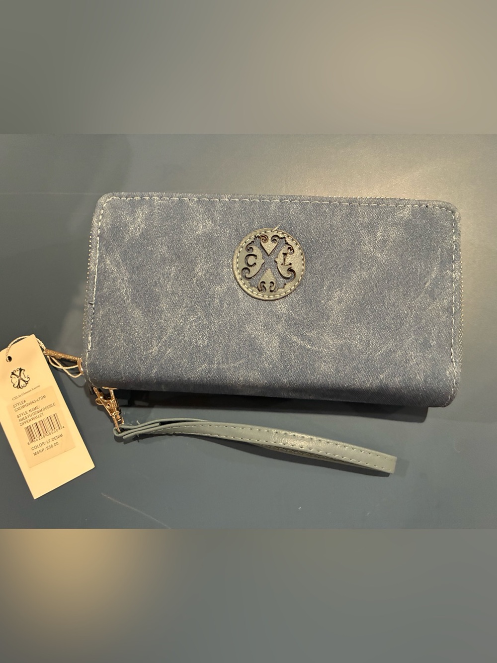Denim-Effect Blue Wristlet Clutch with Decorative Emblem CXL NWT